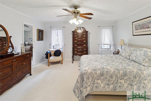 bedroom featuring light carpet, baseboards, a ceiling fan, and crown molding