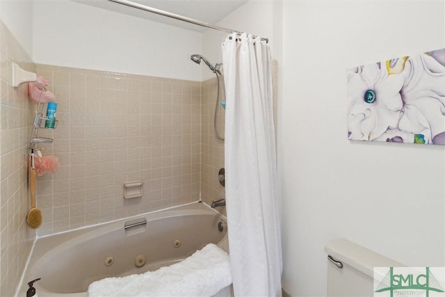 full bath with a combined bath / shower with jetted tub and toilet