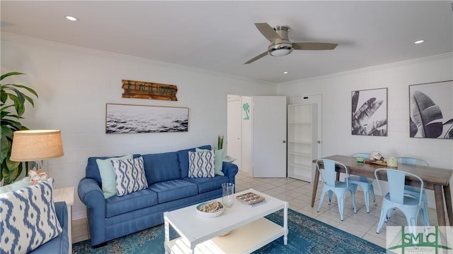 tiled living area with ornamental molding, a ceiling fan, and recessed lighting