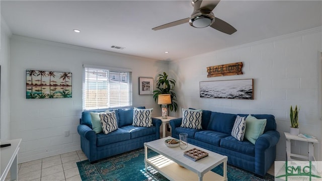 living area featuring visible vents, ceiling fan, ornamental molding, light tile patterned flooring, and recessed lighting