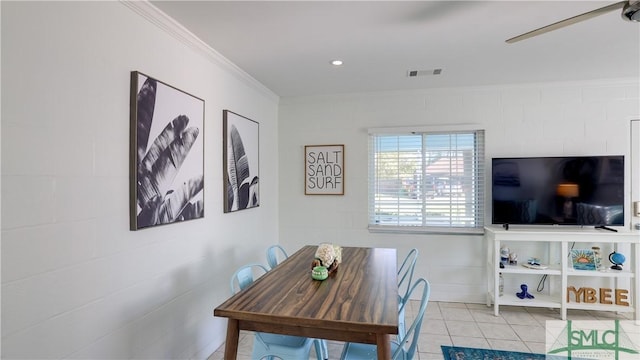 dining room featuring ornamental molding, recessed lighting, visible vents, and light tile patterned floors