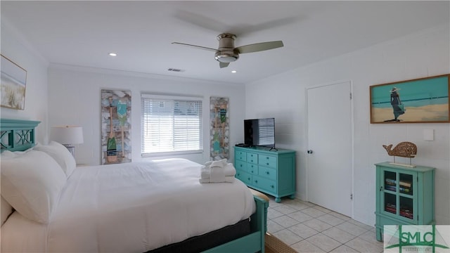 bedroom featuring light tile patterned floors, visible vents, ceiling fan, ornamental molding, and recessed lighting