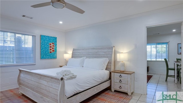 bedroom featuring light tile patterned floors, recessed lighting, visible vents, a ceiling fan, and ornamental molding