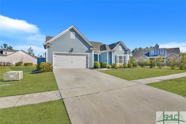 view of front of house featuring concrete driveway, a front lawn, and an attached garage