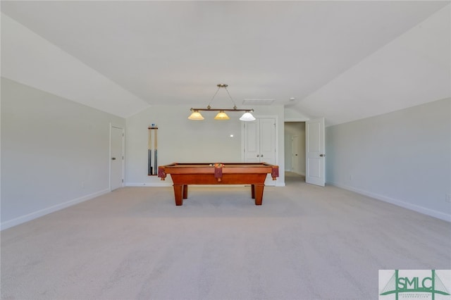 game room with visible vents, light carpet, vaulted ceiling, billiards, and baseboards