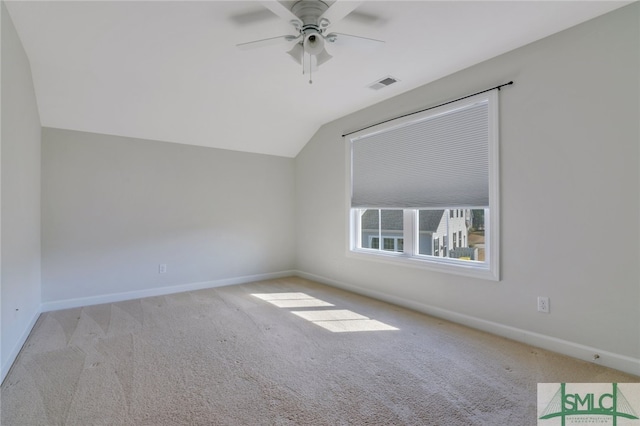 bonus room featuring carpet floors, lofted ceiling, visible vents, and baseboards