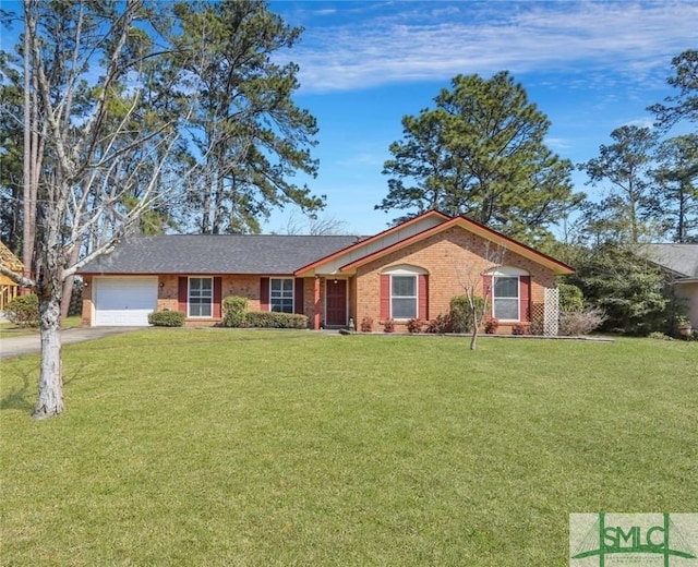 ranch-style house with an attached garage, driveway, a front lawn, and brick siding