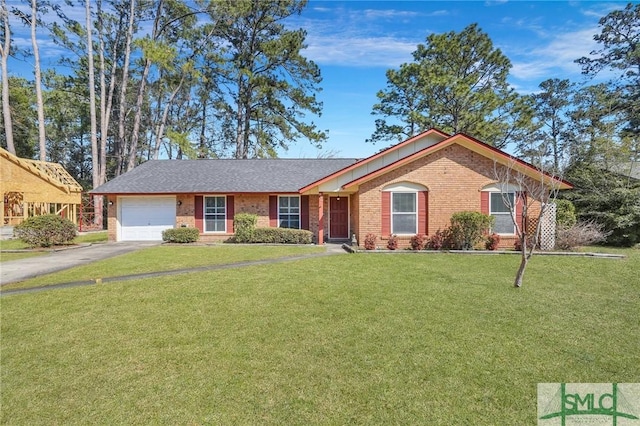 single story home featuring driveway, brick siding, a front lawn, and an attached garage