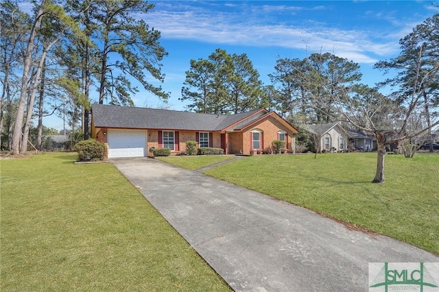 ranch-style house featuring concrete driveway, a front lawn, an attached garage, and brick siding