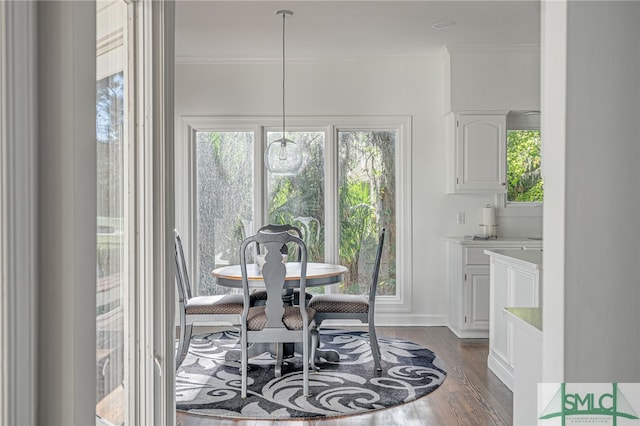 dining space featuring dark wood-type flooring, plenty of natural light, and ornamental molding