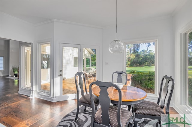 dining room with dark wood-type flooring and ornamental molding