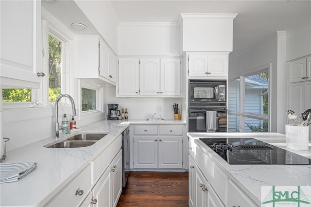 kitchen with dark wood-type flooring, light stone countertops, ornamental molding, black appliances, and a sink