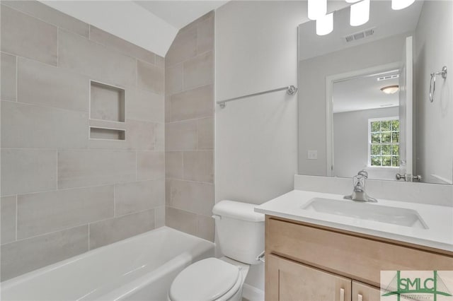 full bath featuring toilet, visible vents, shower / bathing tub combination, and vanity