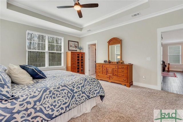 carpeted bedroom featuring ceiling fan, visible vents, baseboards, a tray ceiling, and crown molding