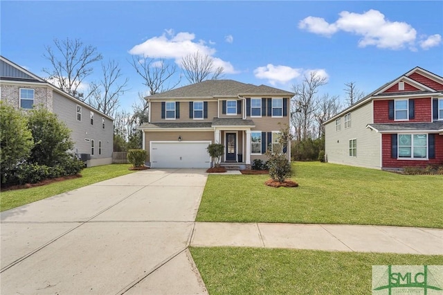 view of front of house with a garage, concrete driveway, and a front yard