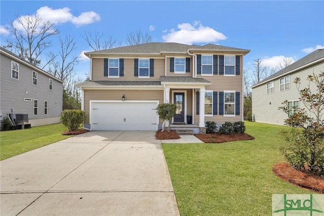 view of front of home featuring a garage, cooling unit, concrete driveway, and a front lawn