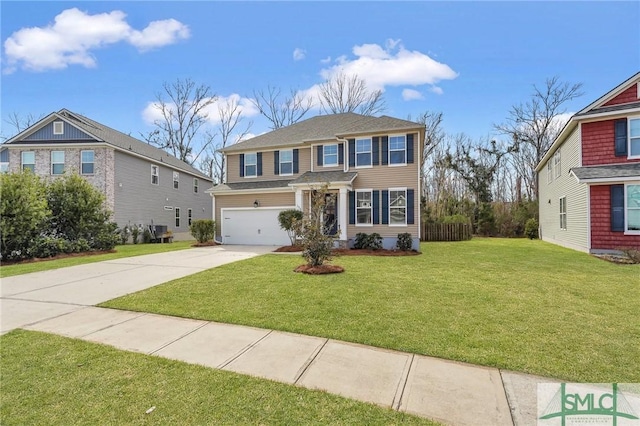 view of front facade with concrete driveway, a front lawn, and an attached garage