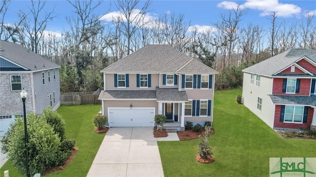 view of front of property with driveway, a garage, a shingled roof, fence, and a front lawn