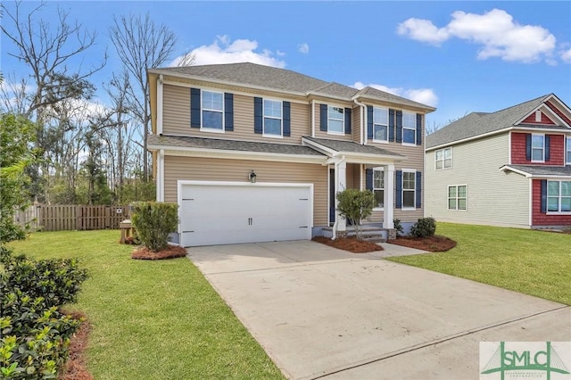 view of front of home with a garage, concrete driveway, a front lawn, and fence