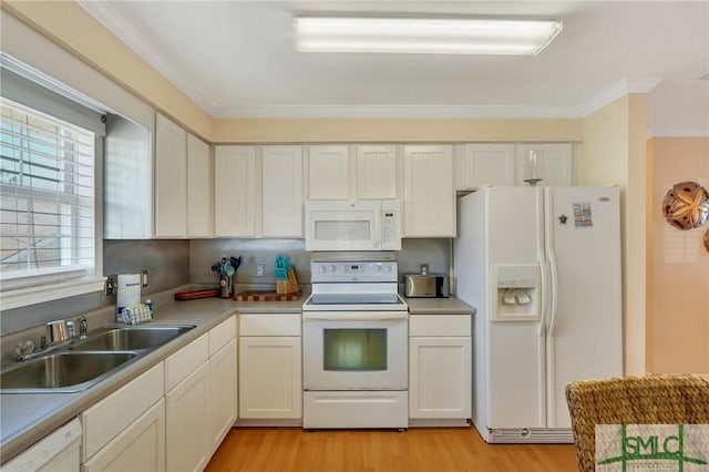 kitchen featuring ornamental molding, white appliances, a sink, and light wood-style floors