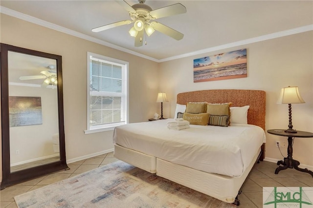 bedroom featuring light tile patterned floors, baseboards, a ceiling fan, and crown molding