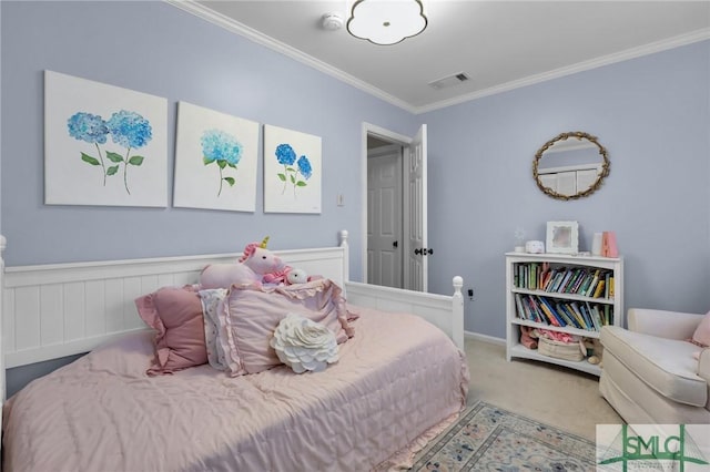 carpeted bedroom with a wainscoted wall, visible vents, and crown molding