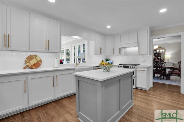 kitchen with stainless steel gas stove, light countertops, wood finished floors, and a sink