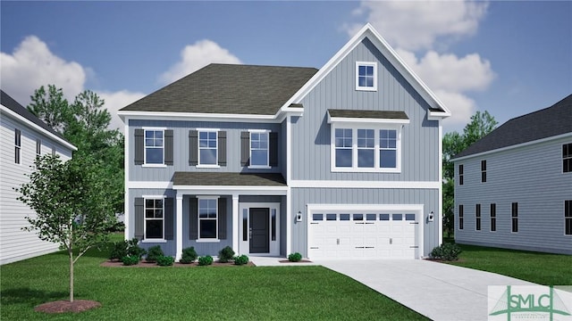 view of front of home featuring a shingled roof, an attached garage, board and batten siding, driveway, and a front lawn