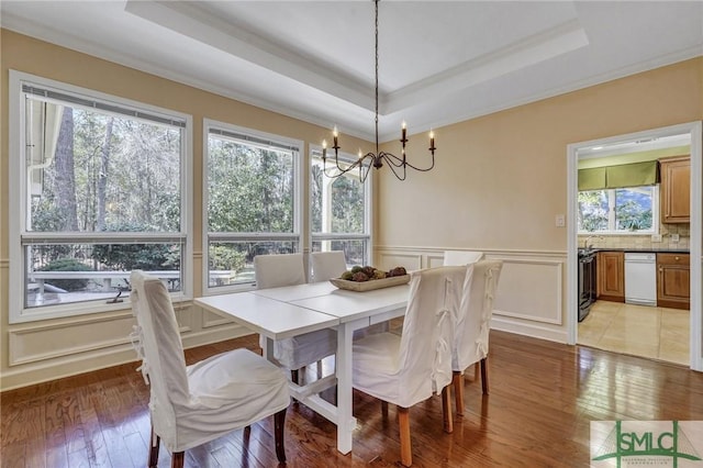 dining area with a raised ceiling, wainscoting, a decorative wall, and light wood-style flooring