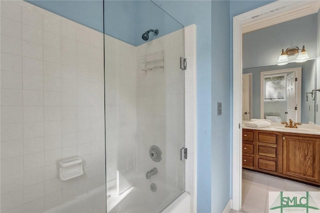 bathroom with shower / tub combination, vanity, and tile patterned floors