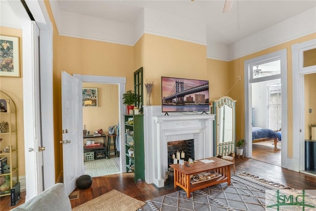 living area featuring ceiling fan, a fireplace, and wood finished floors