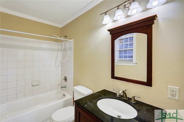 bathroom with shower / tub combination, vanity, toilet, and crown molding