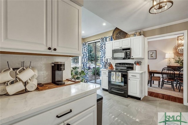 kitchen with light stone counters, crown molding, light tile patterned floors, white cabinetry, and black appliances