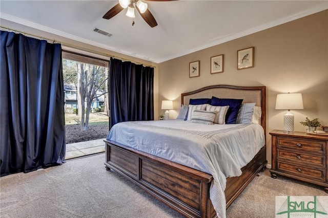 bedroom with crown molding, light colored carpet, visible vents, ceiling fan, and access to outside