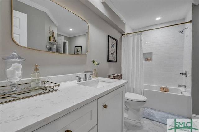 bathroom with toilet, shower / tub combo, vanity, marble finish floor, and ornamental molding