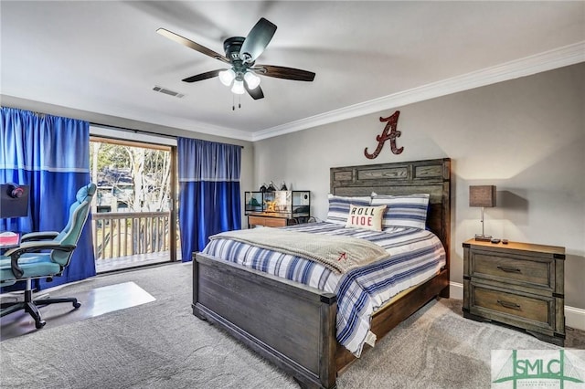 carpeted bedroom featuring access to exterior, ceiling fan, visible vents, and crown molding