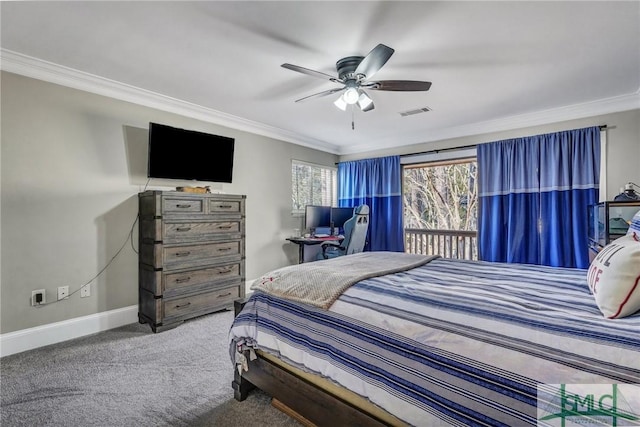 bedroom featuring visible vents, ornamental molding, a ceiling fan, carpet flooring, and baseboards