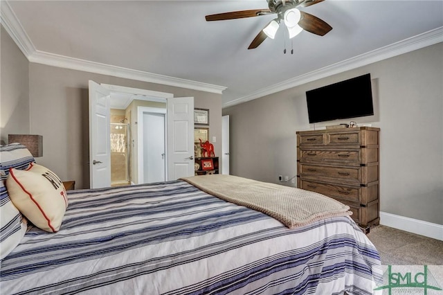 bedroom featuring carpet floors, baseboards, a ceiling fan, and ornamental molding