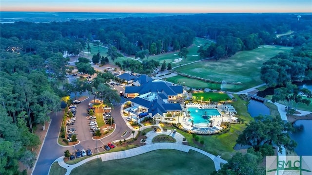 bird's eye view featuring a water view and a wooded view