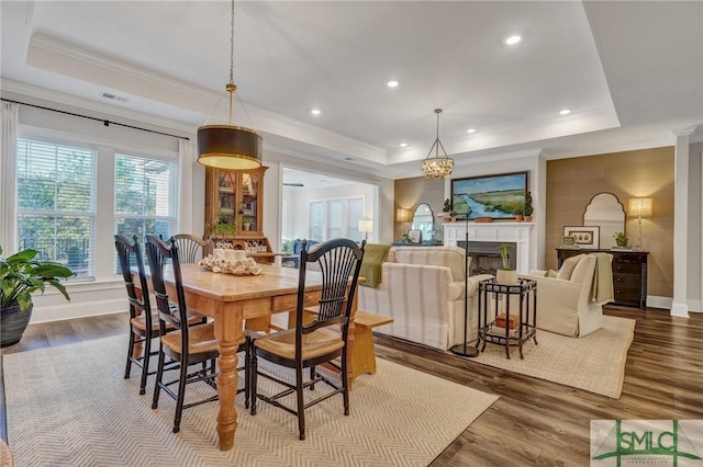 dining space with dark wood-type flooring, a tray ceiling, and a fireplace