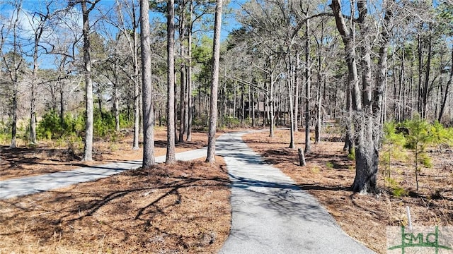 view of road featuring a forest view