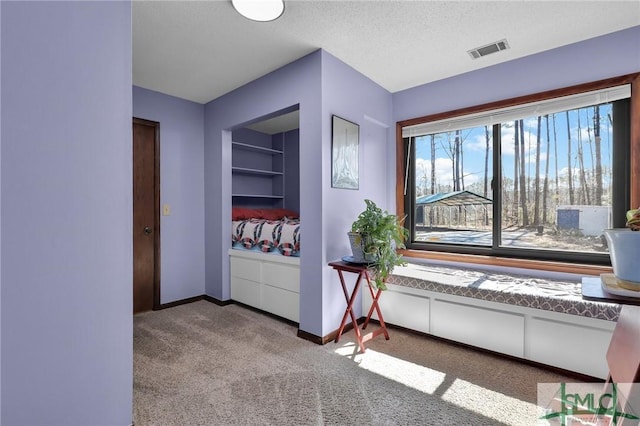 interior space with a textured ceiling, built in shelves, carpet flooring, visible vents, and baseboards