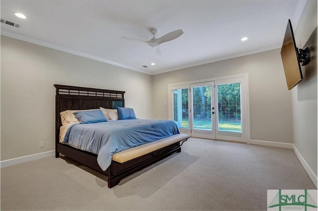 bedroom featuring access to exterior, crown molding, visible vents, light carpet, and baseboards