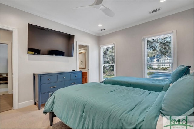 bedroom featuring recessed lighting, light colored carpet, visible vents, baseboards, and crown molding