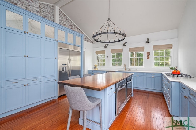 kitchen with blue cabinets, a wealth of natural light, appliances with stainless steel finishes, and a sink