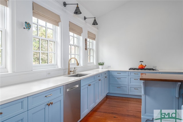 kitchen with stainless steel appliances, dark wood-type flooring, a sink, light countertops, and blue cabinetry