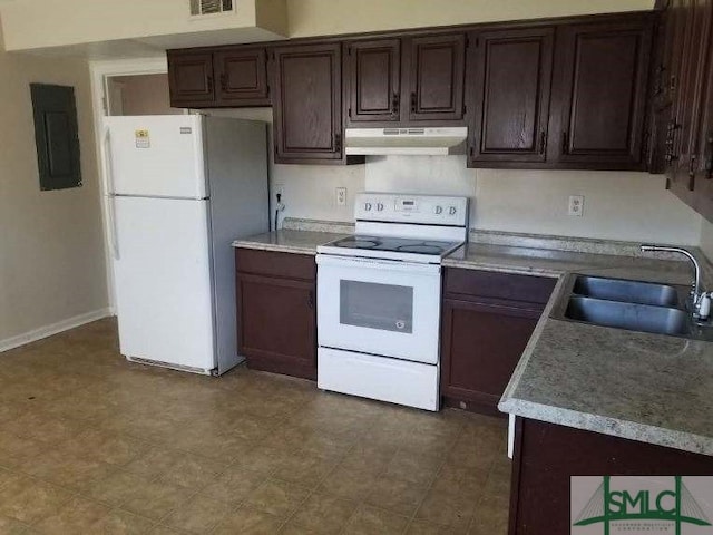 kitchen featuring white appliances, electric panel, dark brown cabinets, under cabinet range hood, and a sink