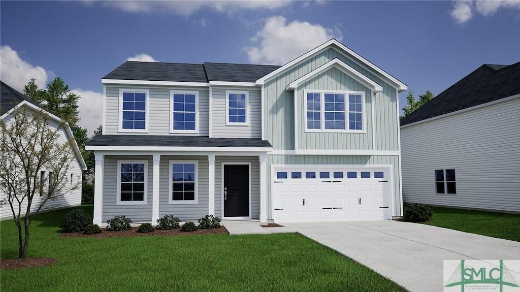 view of front of property with driveway, an attached garage, a front lawn, and board and batten siding