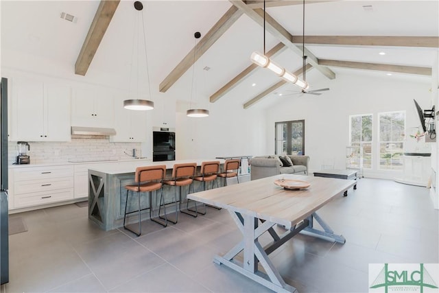 dining room featuring visible vents, ceiling fan, high vaulted ceiling, and beam ceiling