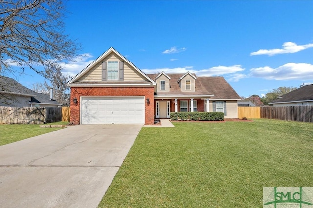 traditional-style home with a porch, brick siding, fence, driveway, and a front lawn